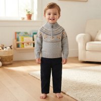 J16363: Boys  Funnel Neck True Knit Fairisle Jumper & Twill Trousers Outfit (2-4 Years)